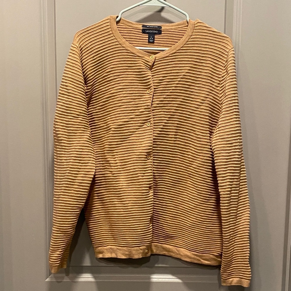 Lands End Supima Cotton Cardigan L Tan Camel Ribbed Button Sweater 14 16